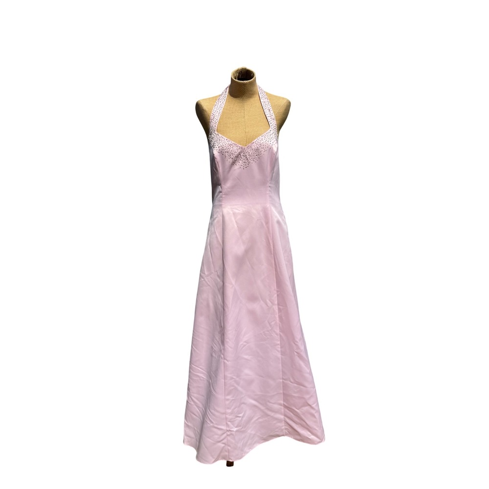 Y2K Morgan & Co Prom Dress Womens 13/14 Baby Pink Beaded Halter Corset Back Gown